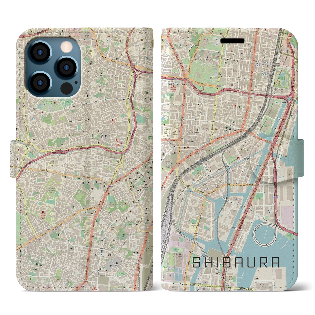 【芝浦】地図柄iPhoneケース（手帳両面タイプ・ナチュラル）iPhone 12 / 12 Pro 用