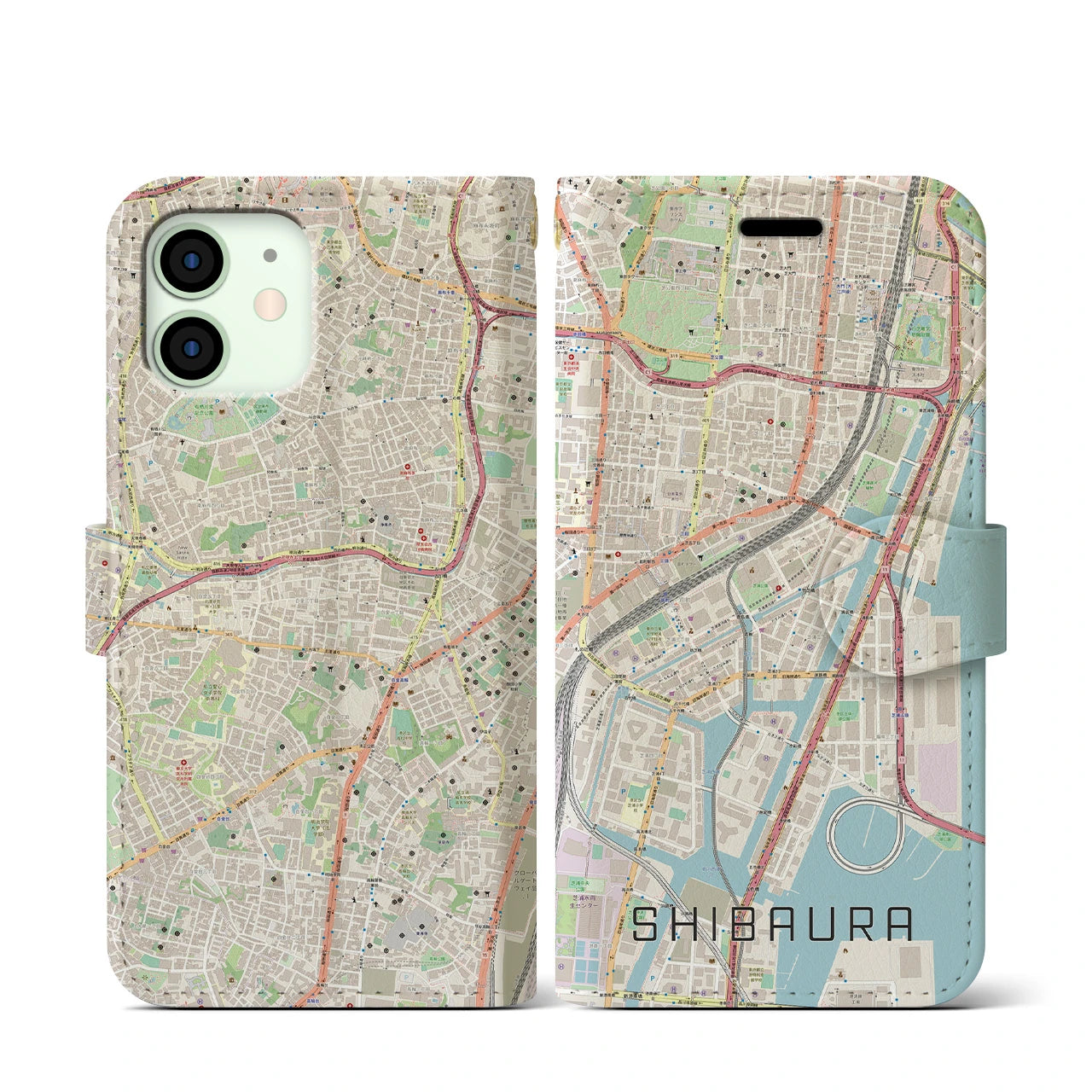 【芝浦】地図柄iPhoneケース（手帳両面タイプ・ナチュラル）iPhone 12 mini 用