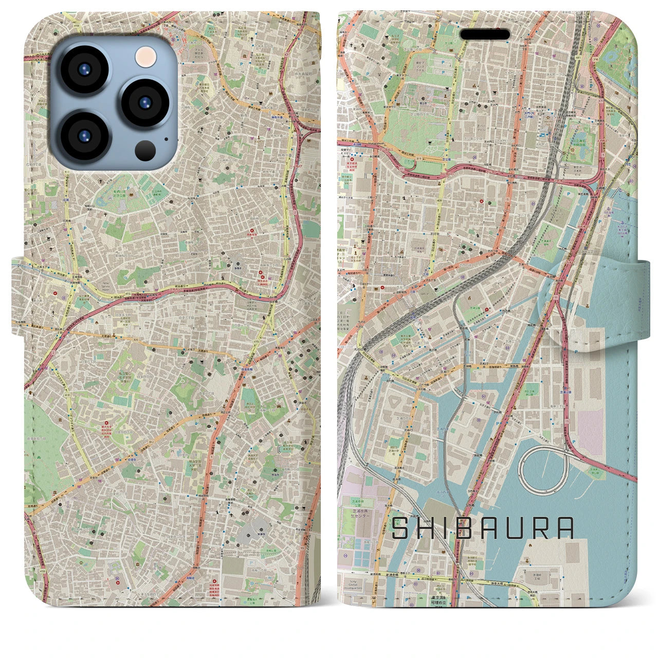 【芝浦】地図柄iPhoneケース（手帳両面タイプ・ナチュラル）iPhone 13 Pro Max 用