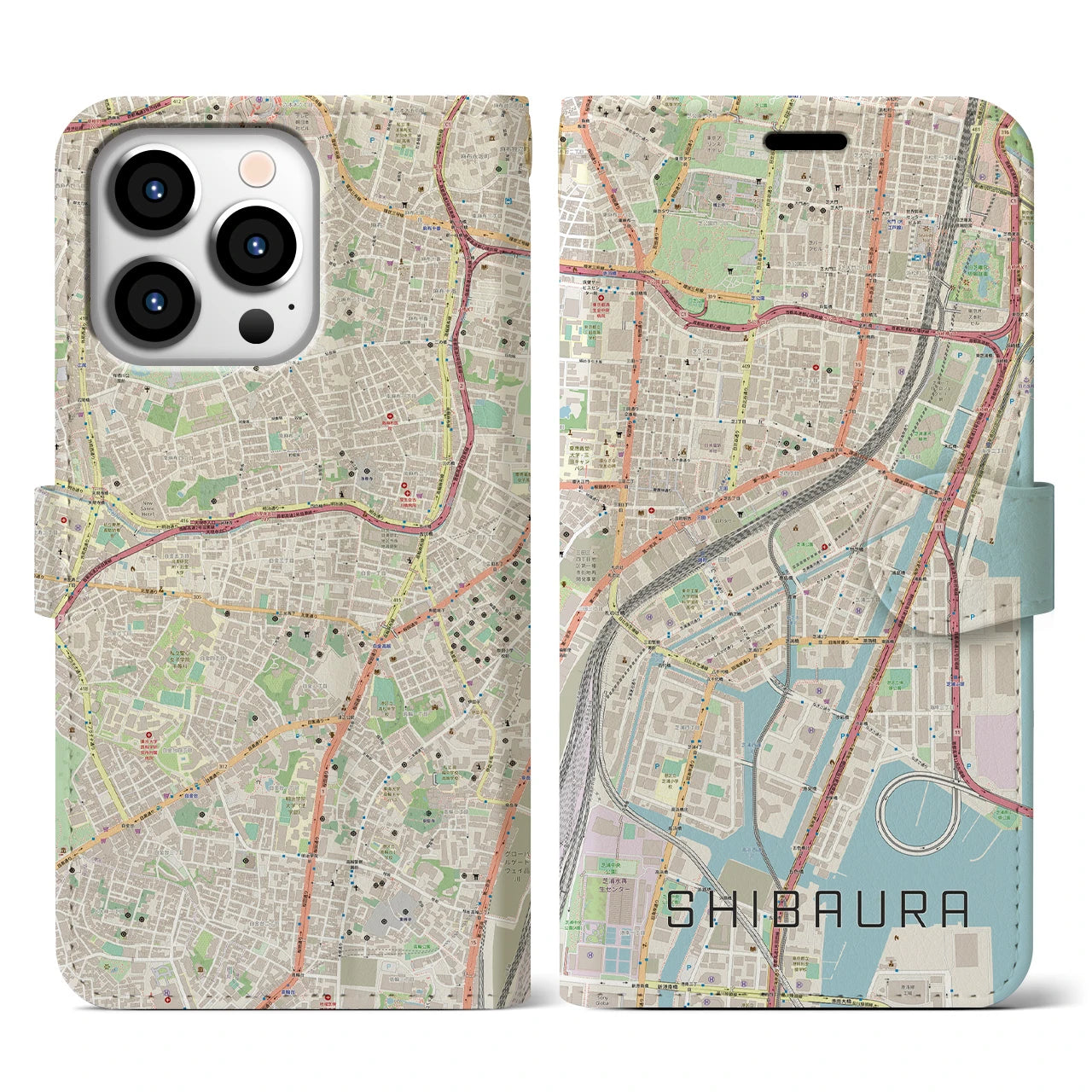 【芝浦】地図柄iPhoneケース（手帳両面タイプ・ナチュラル）iPhone 13 Pro 用
