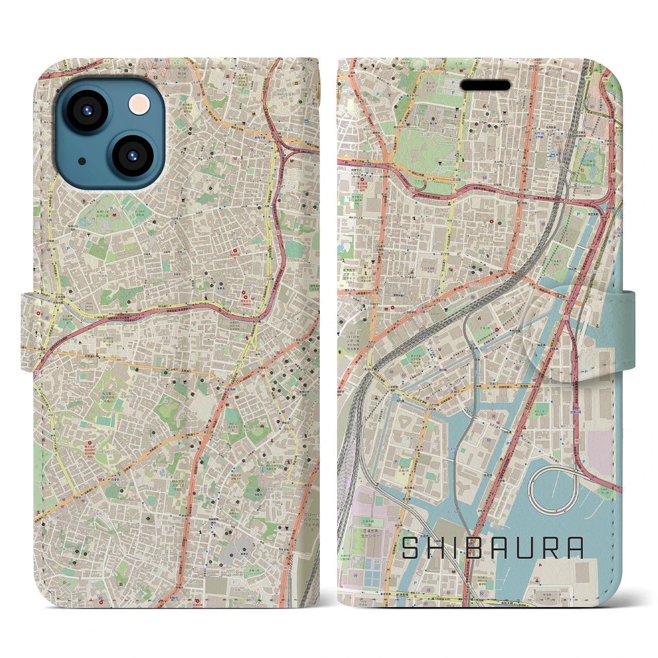 【芝浦】地図柄iPhoneケース（手帳両面タイプ・ナチュラル）iPhone 13 用