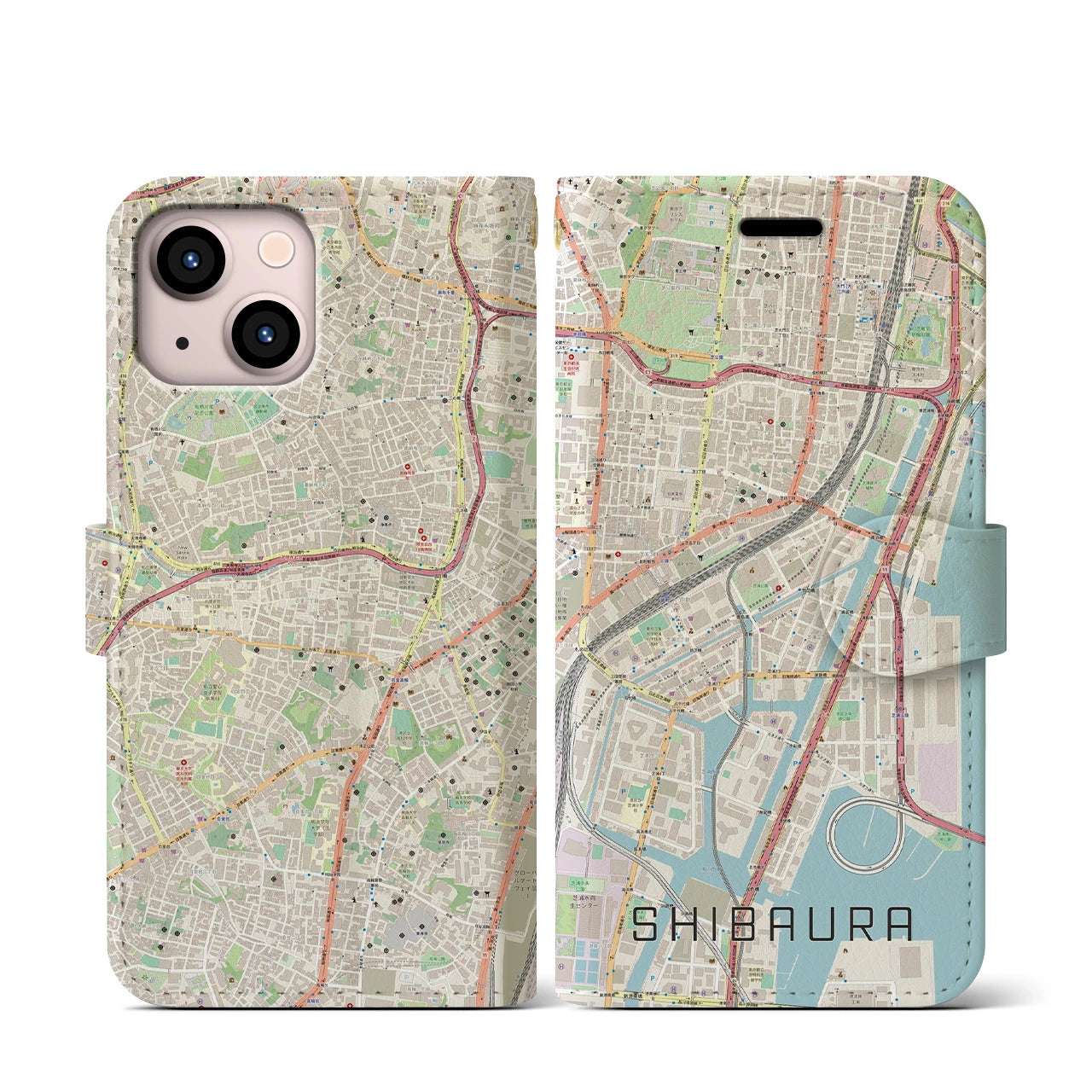 【芝浦】地図柄iPhoneケース（手帳両面タイプ・ナチュラル）iPhone 13 mini 用