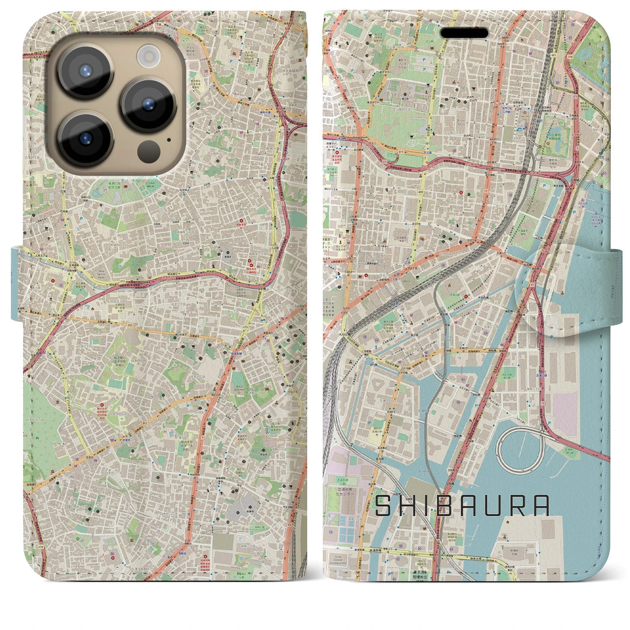 【芝浦】地図柄iPhoneケース（手帳両面タイプ・ナチュラル）iPhone 14 Pro Max 用
