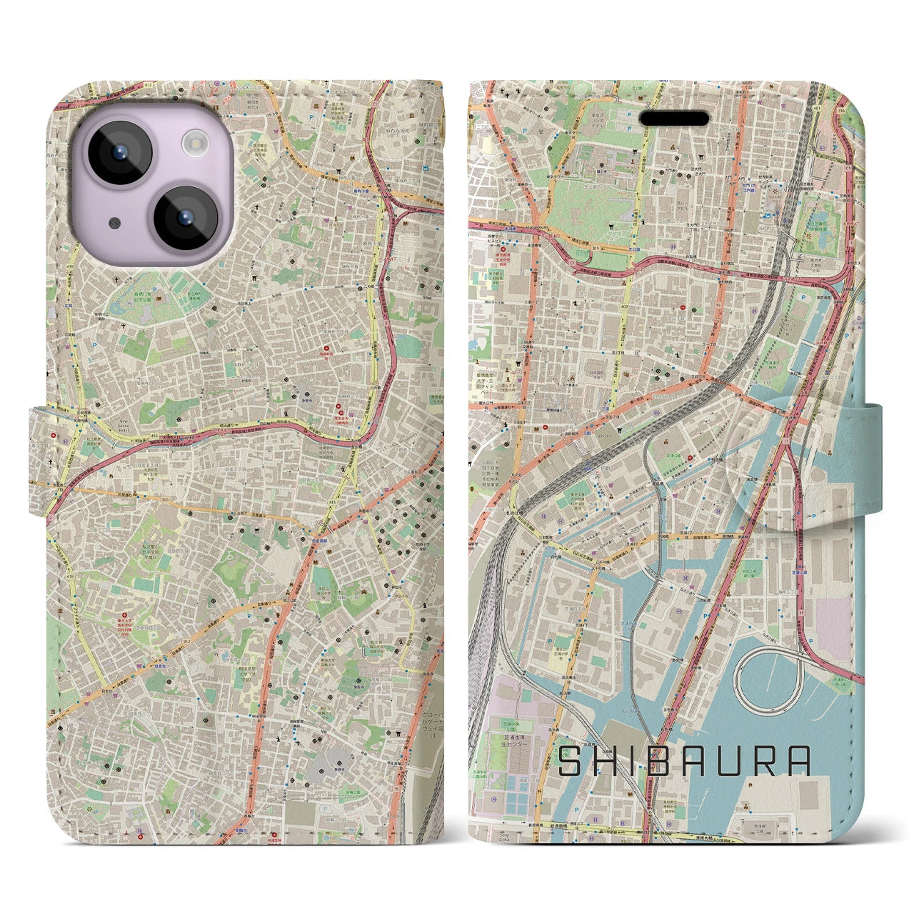 【芝浦】地図柄iPhoneケース（手帳両面タイプ・ナチュラル）iPhone 14 用