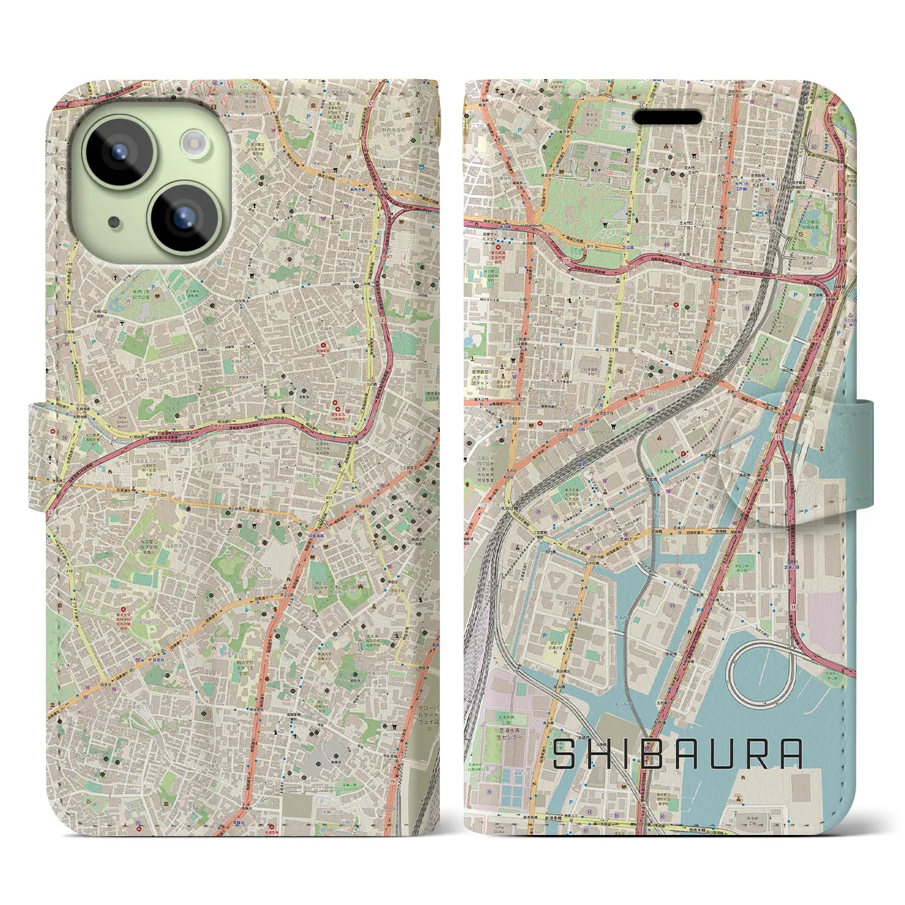 【芝浦】地図柄iPhoneケース（手帳両面タイプ・ナチュラル）iPhone 15 用