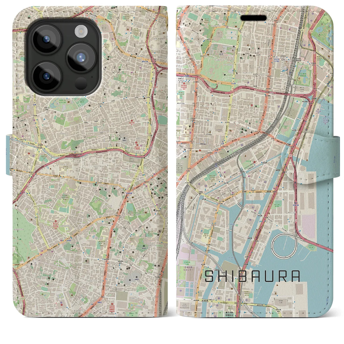 【芝浦】地図柄iPhoneケース（手帳両面タイプ・ナチュラル）iPhone 15 Pro Max 用