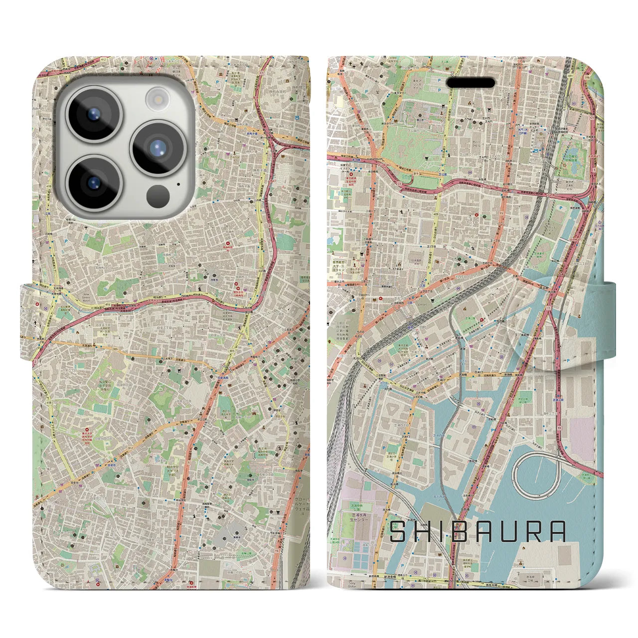 【芝浦】地図柄iPhoneケース（手帳両面タイプ・ナチュラル）iPhone 15 Pro 用