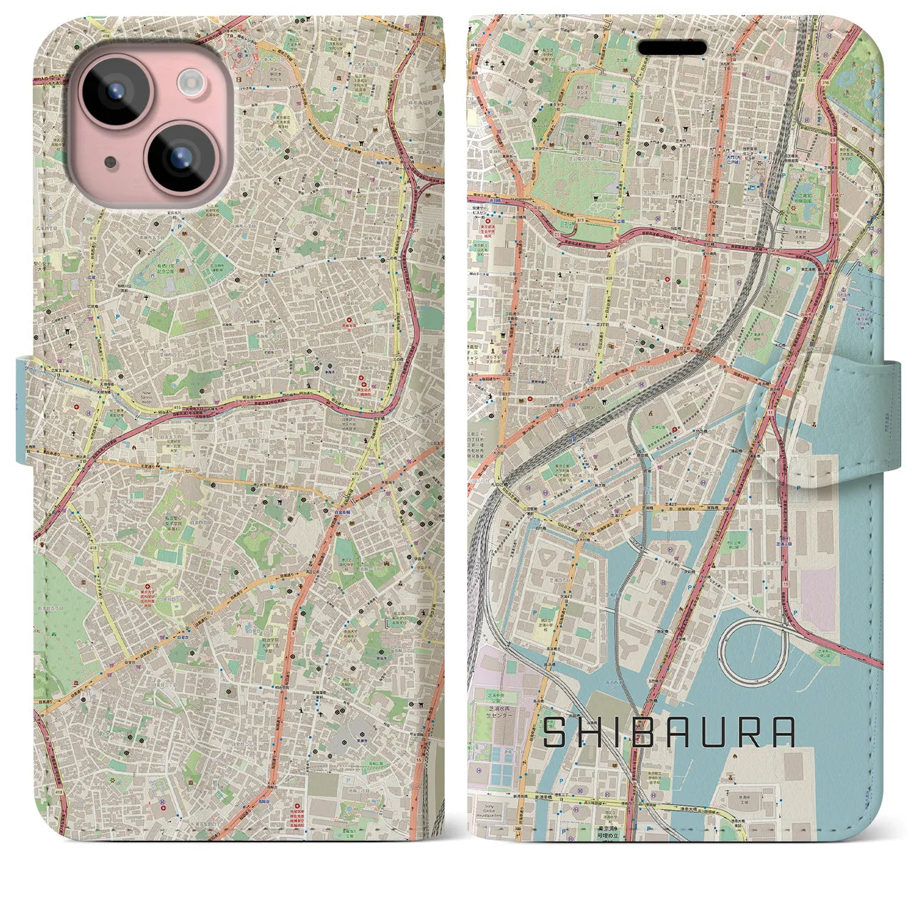 【芝浦】地図柄iPhoneケース（手帳両面タイプ・ナチュラル）iPhone 15 Plus 用