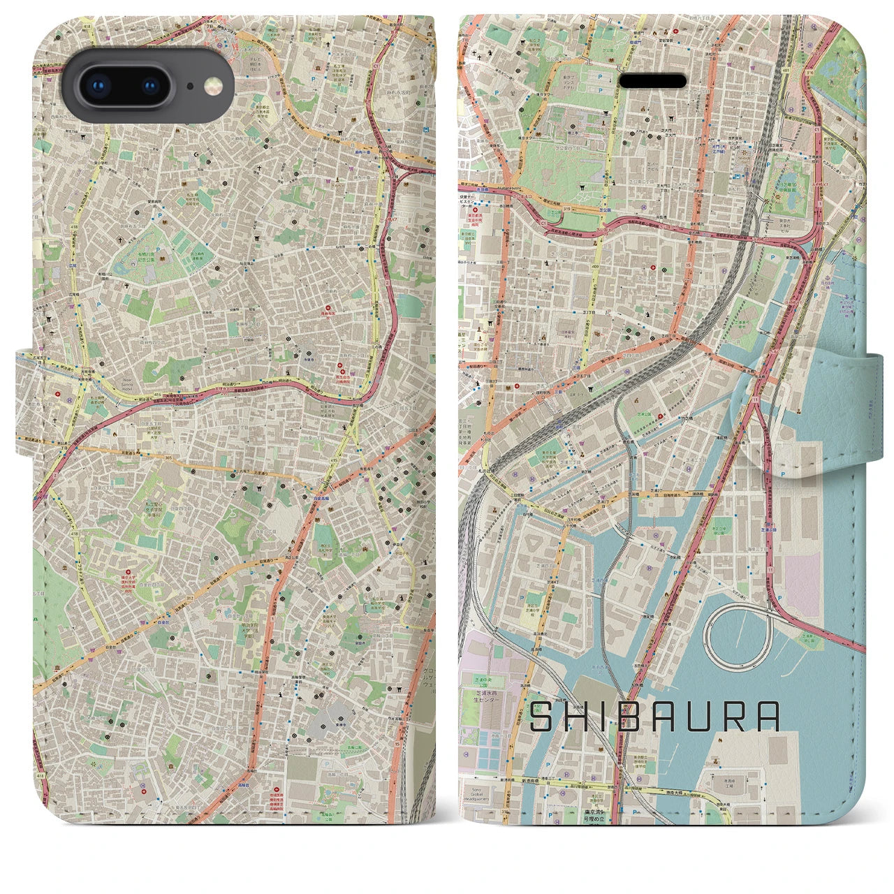 【芝浦】地図柄iPhoneケース（手帳両面タイプ・ナチュラル）iPhone 8Plus /7Plus / 6sPlus / 6Plus 用