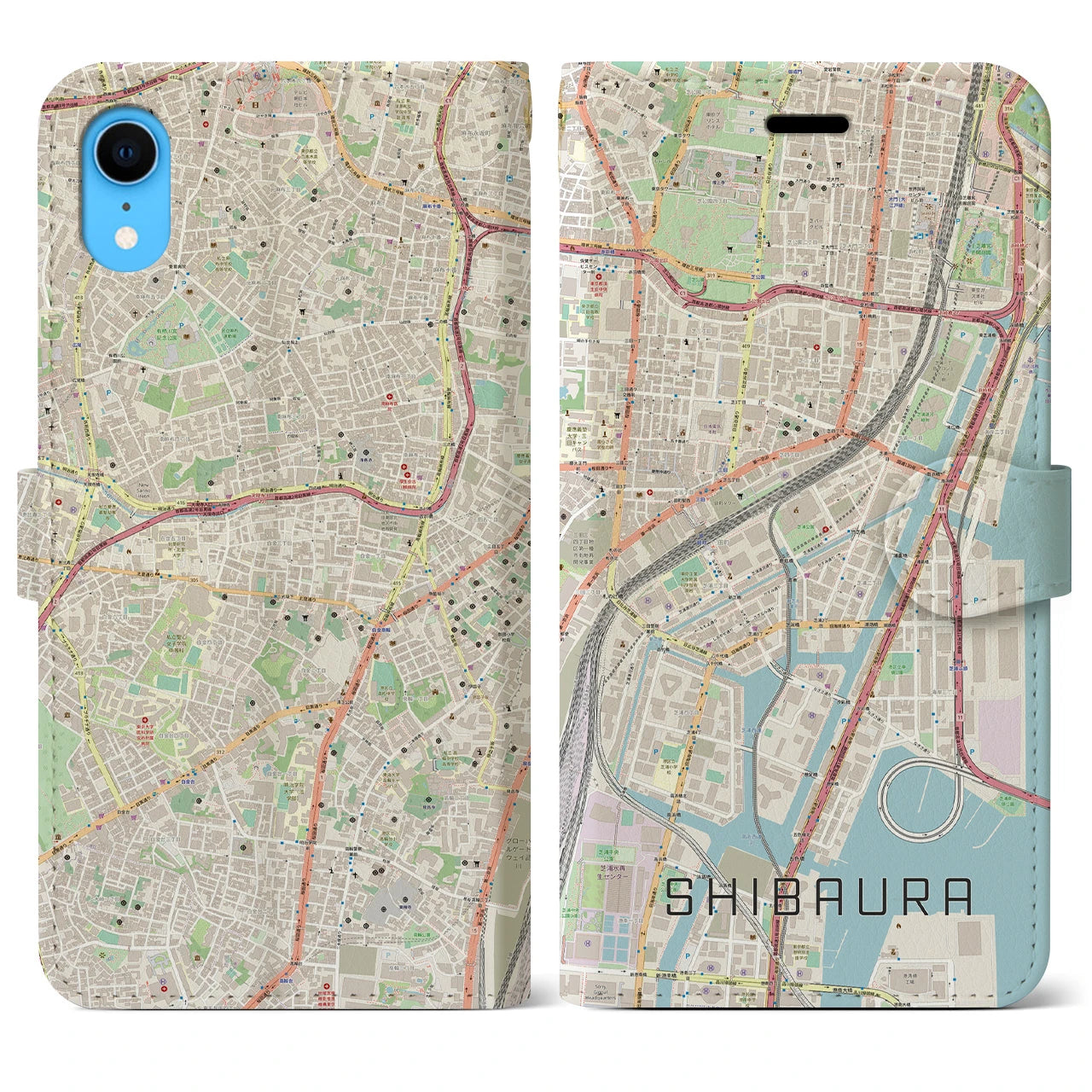 【芝浦】地図柄iPhoneケース（手帳両面タイプ・ナチュラル）iPhone XR 用