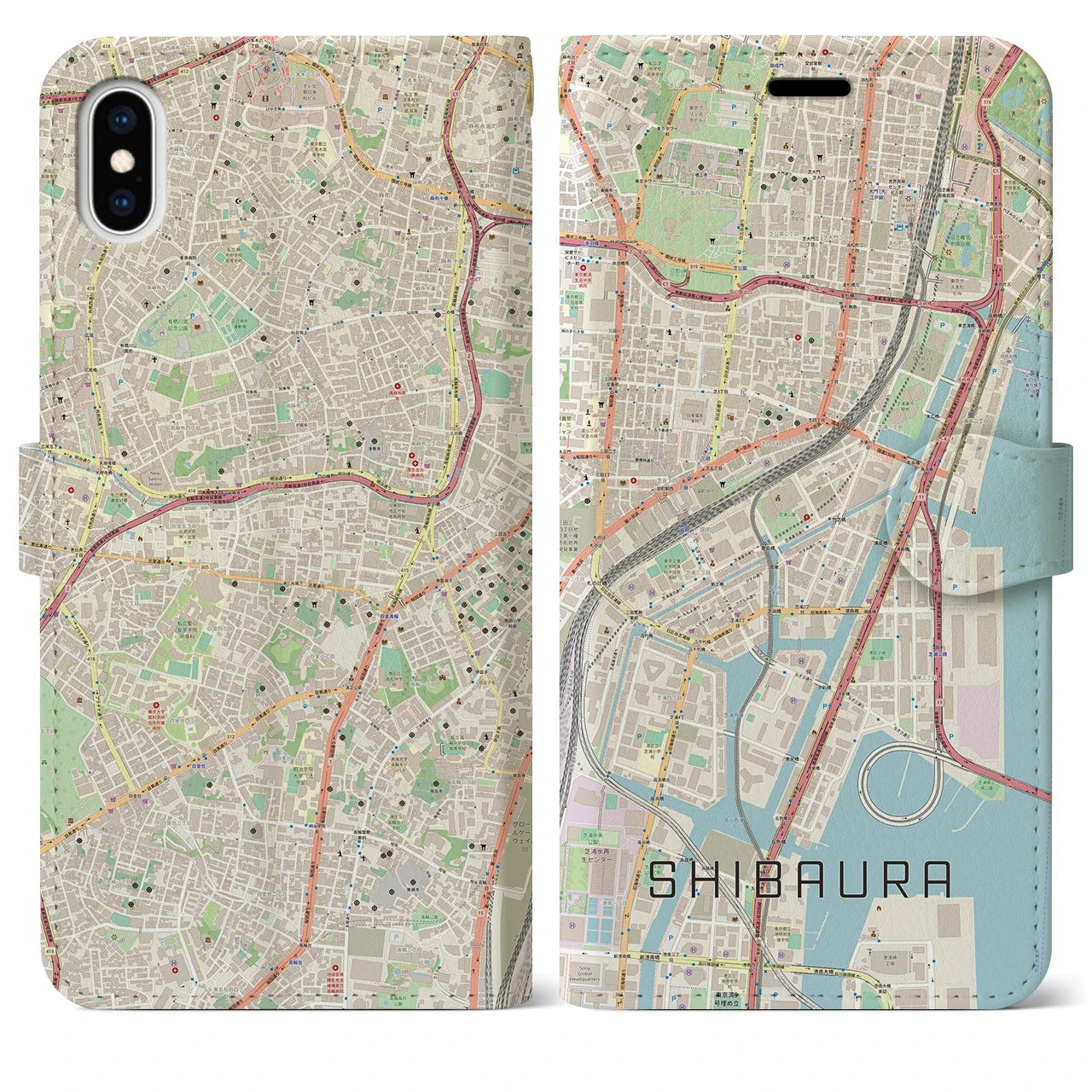 【芝浦】地図柄iPhoneケース（手帳両面タイプ・ナチュラル）iPhone XS Max 用