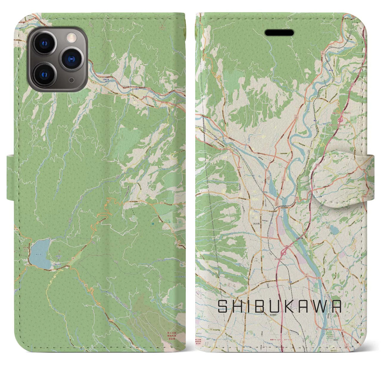 【渋川】地図柄iPhoneケース（手帳両面タイプ・ナチュラル）iPhone 11 Pro Max 用