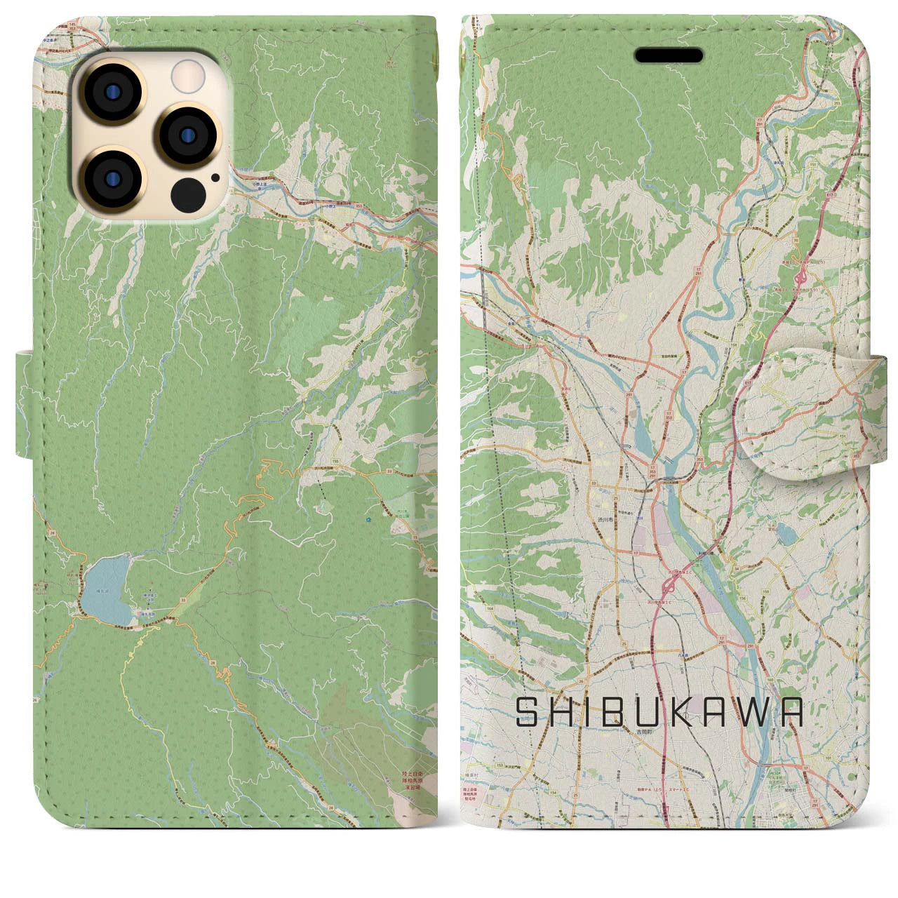 【渋川】地図柄iPhoneケース（手帳両面タイプ・ナチュラル）iPhone 12 Pro Max 用