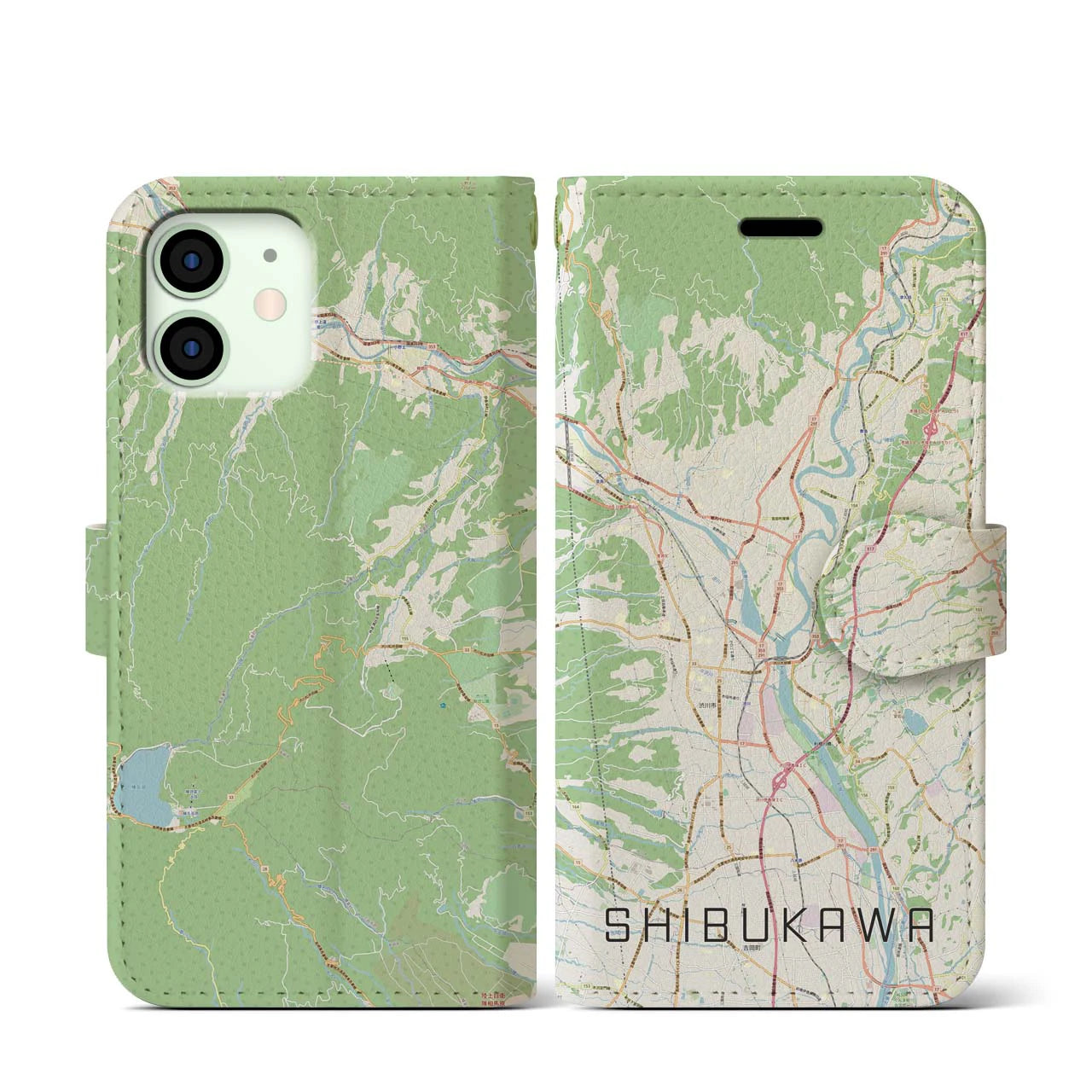 【渋川】地図柄iPhoneケース（手帳両面タイプ・ナチュラル）iPhone 12 mini 用