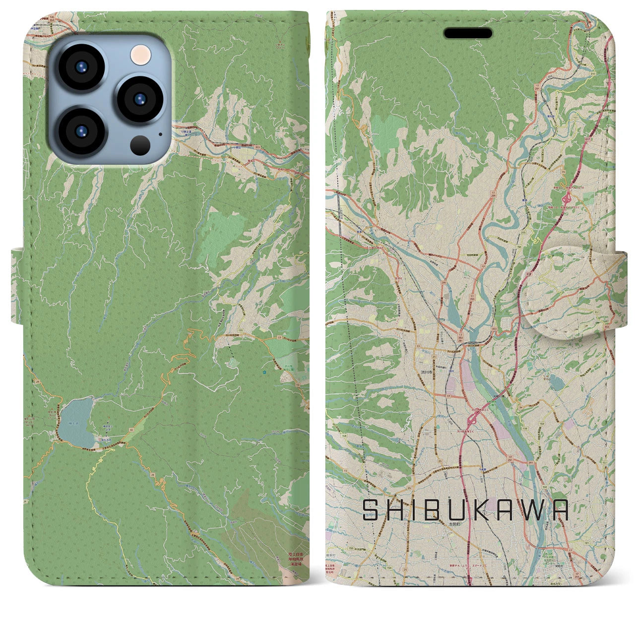 【渋川】地図柄iPhoneケース（手帳両面タイプ・ナチュラル）iPhone 13 Pro Max 用