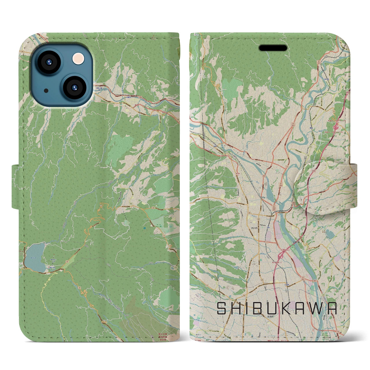 【渋川】地図柄iPhoneケース（手帳両面タイプ・ナチュラル）iPhone 13 用