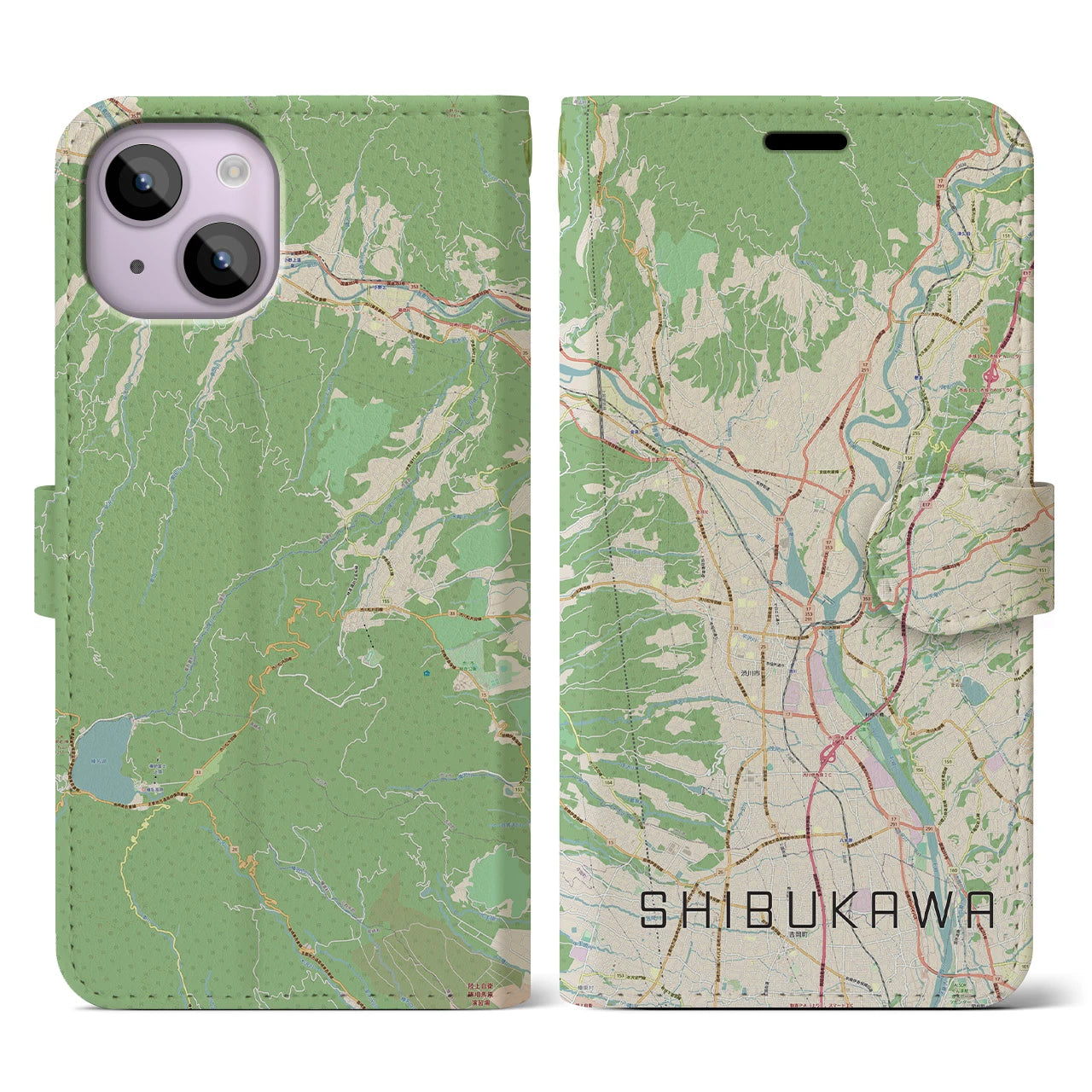 【渋川】地図柄iPhoneケース（手帳両面タイプ・ナチュラル）iPhone 14 用