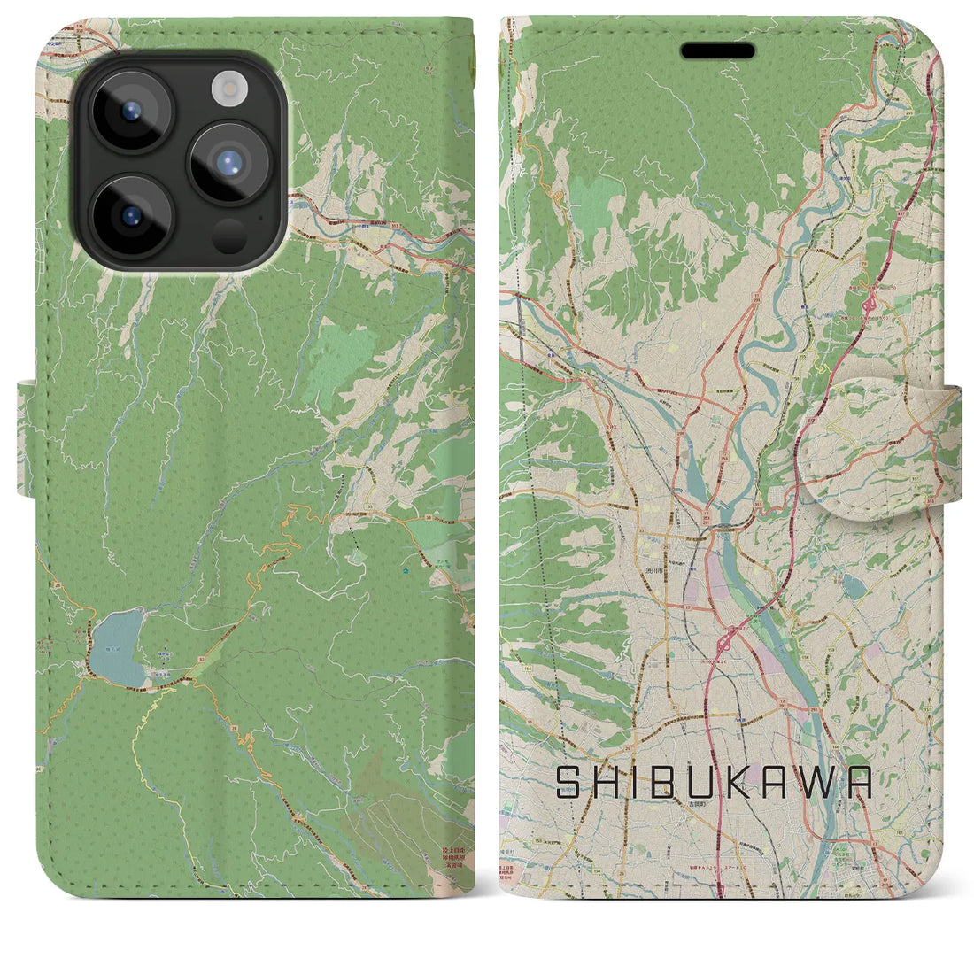 【渋川】地図柄iPhoneケース（手帳両面タイプ・ナチュラル）iPhone 15 Pro Max 用