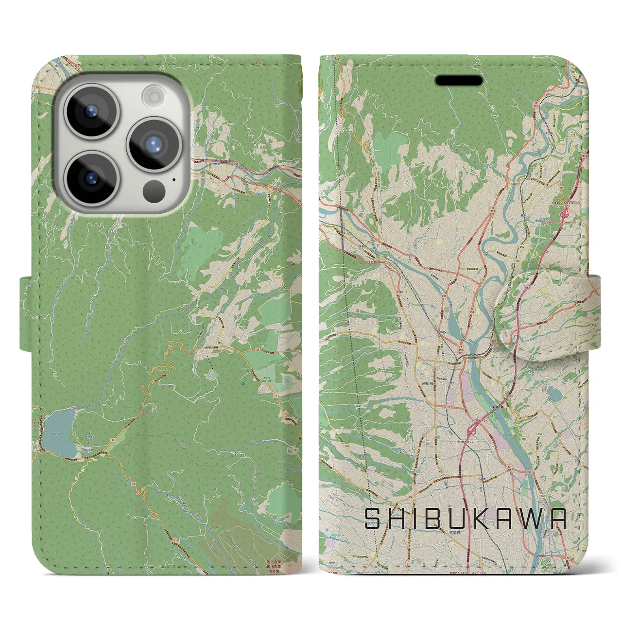 【渋川】地図柄iPhoneケース（手帳両面タイプ・ナチュラル）iPhone 15 Pro 用