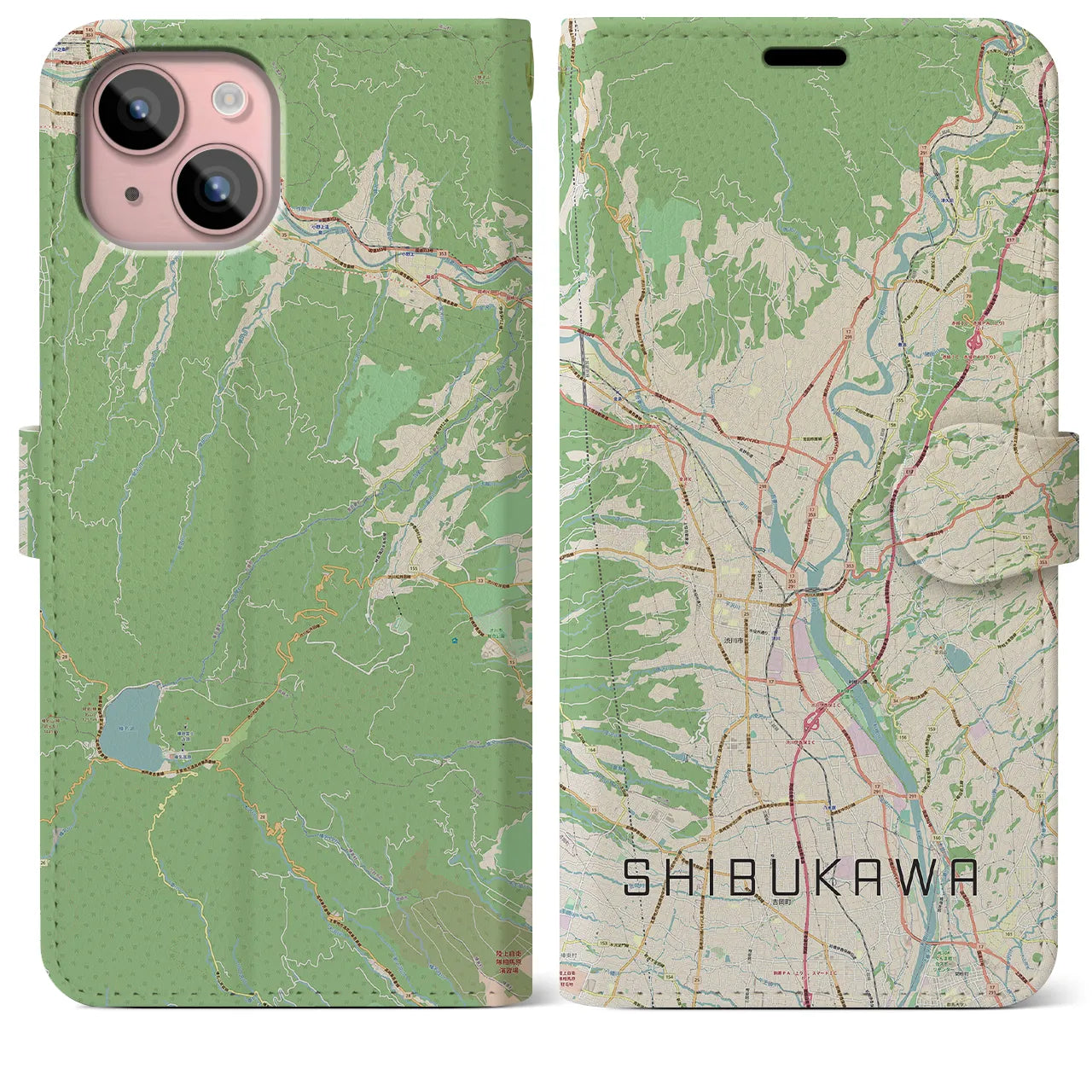 【渋川】地図柄iPhoneケース（手帳両面タイプ・ナチュラル）iPhone 15 Plus 用