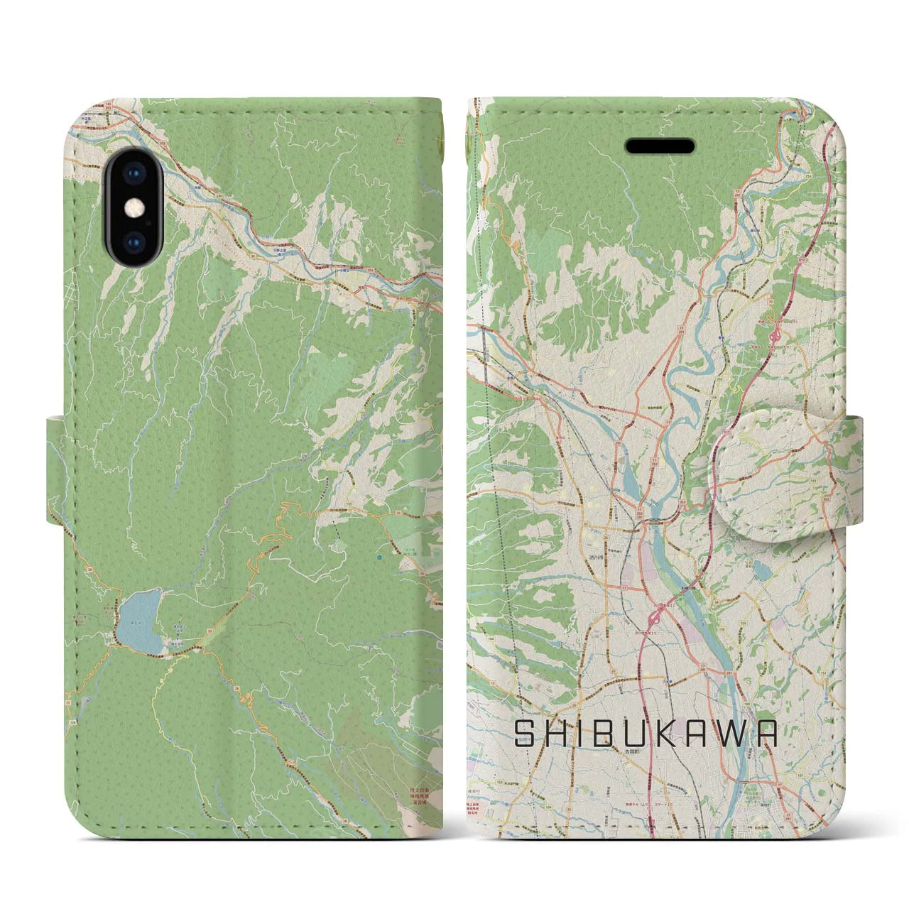 【渋川】地図柄iPhoneケース（手帳両面タイプ・ナチュラル）iPhone XS / X 用