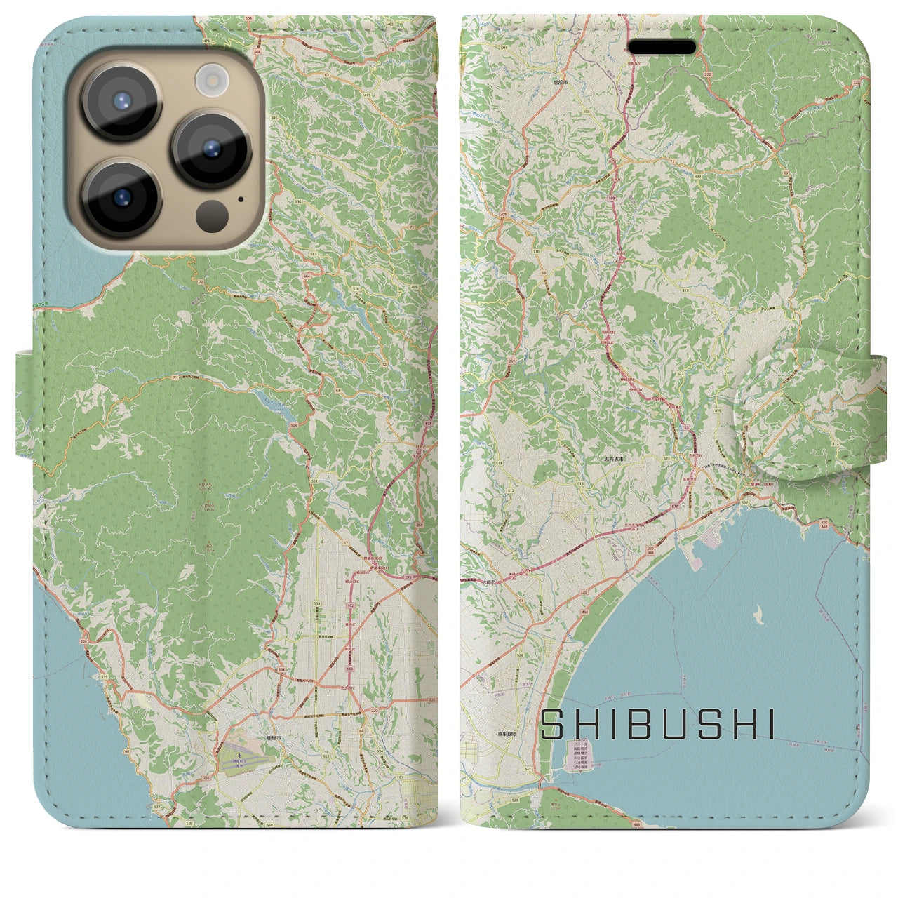 【志布志】地図柄iPhoneケース（手帳両面タイプ・ナチュラル）iPhone 14 Pro Max 用