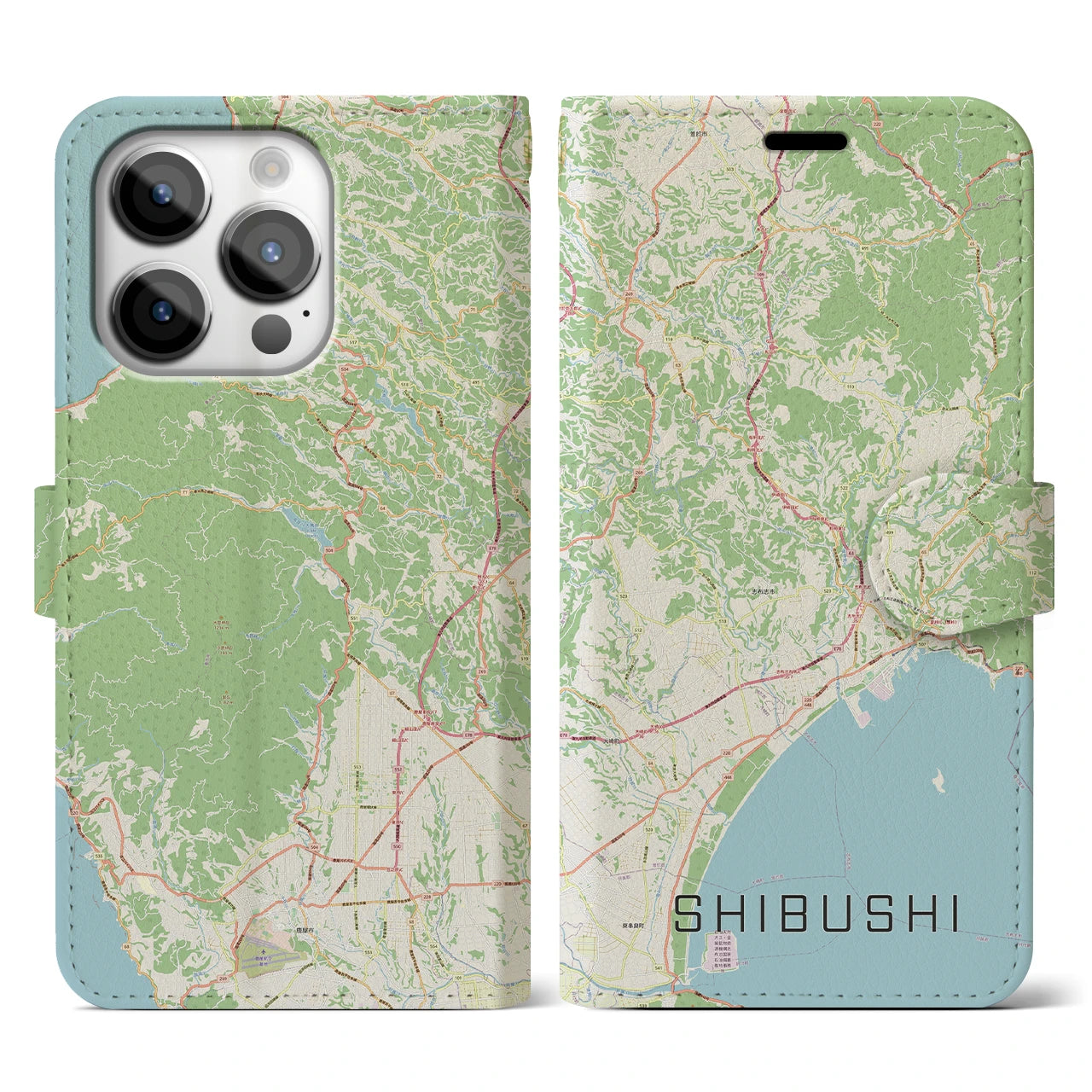 【志布志】地図柄iPhoneケース（手帳両面タイプ・ナチュラル）iPhone 14 Pro 用