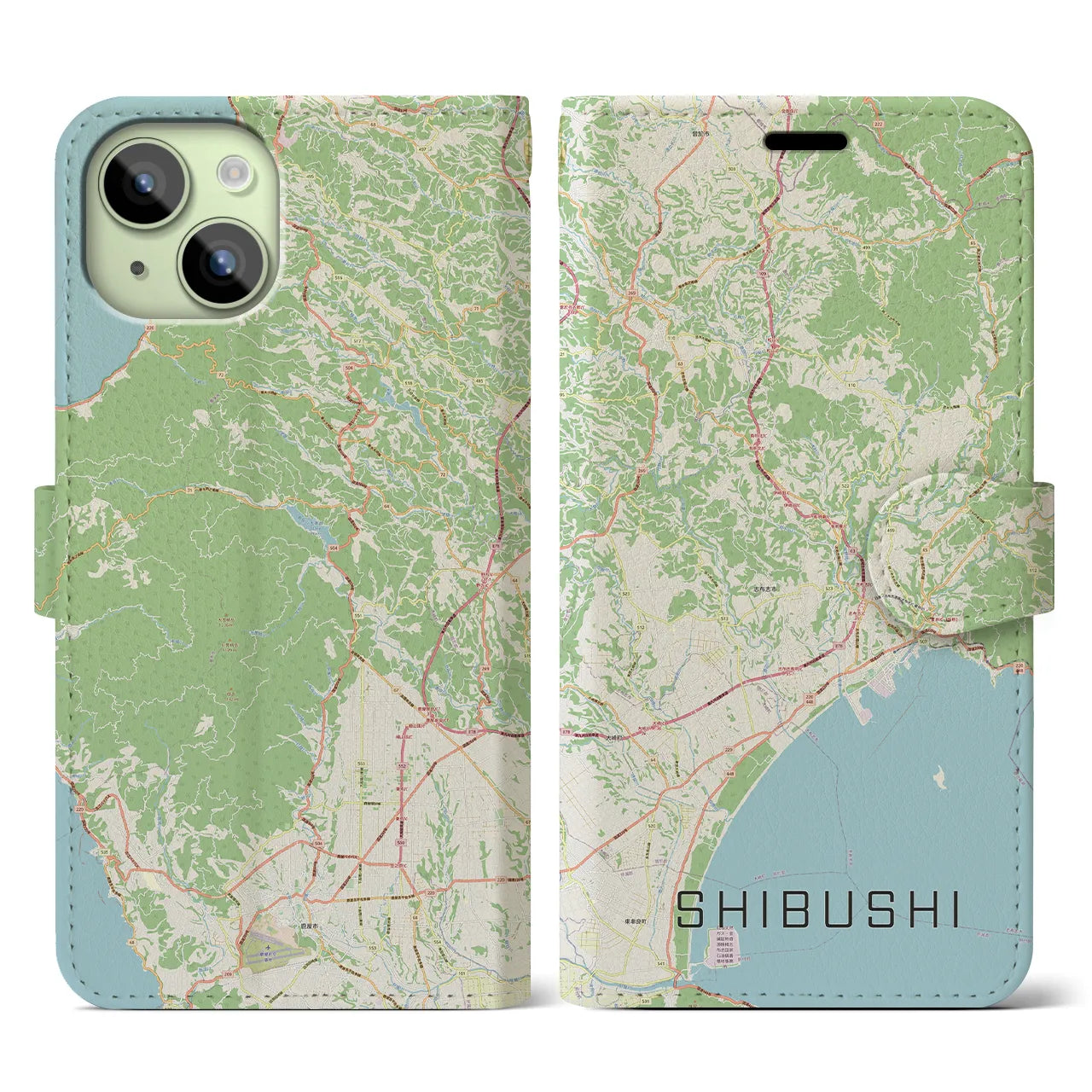 【志布志】地図柄iPhoneケース（手帳両面タイプ・ナチュラル）iPhone 15 用
