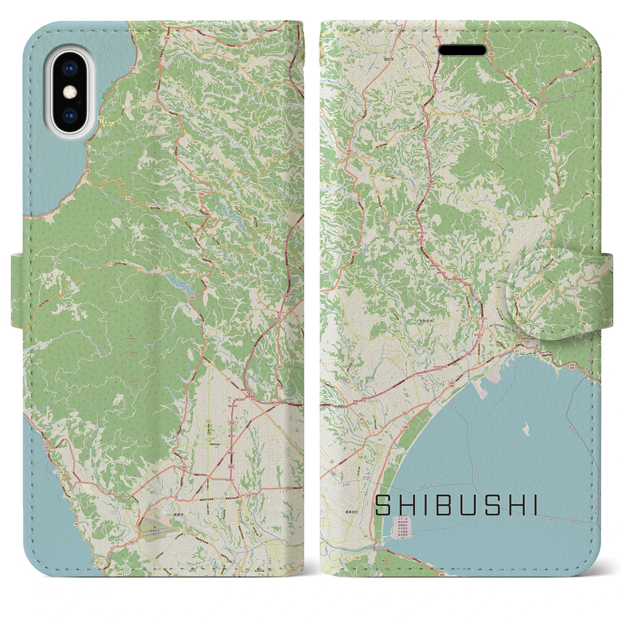 【志布志】地図柄iPhoneケース（手帳両面タイプ・ナチュラル）iPhone XS Max 用