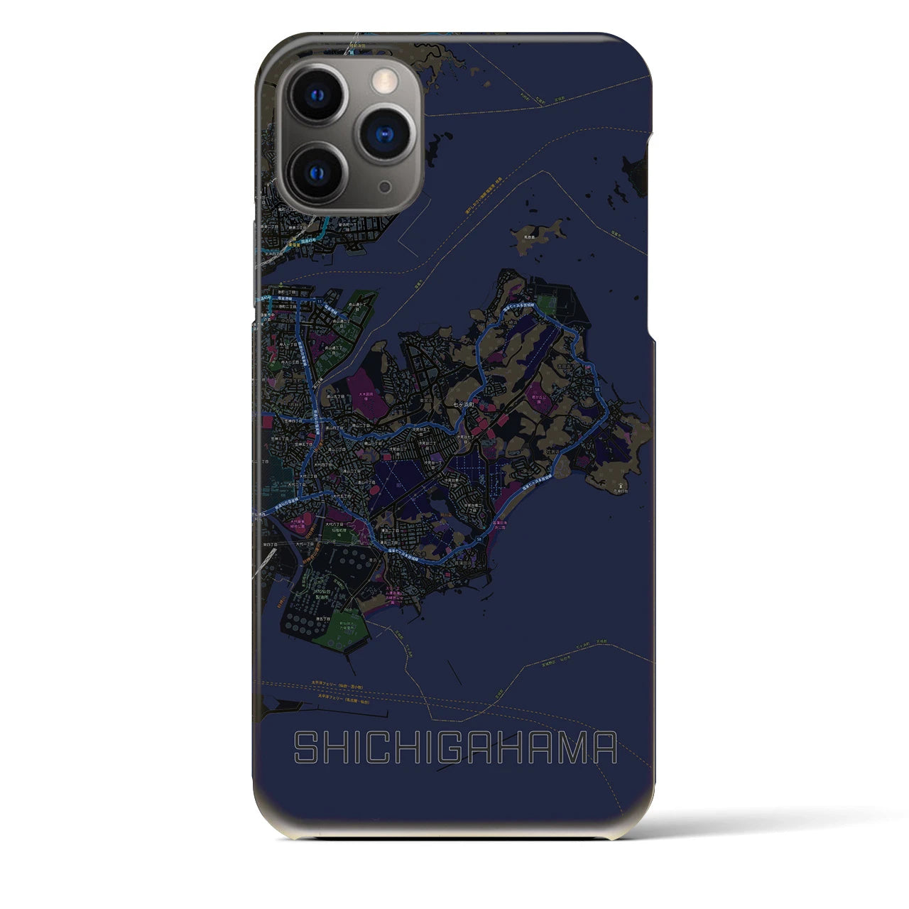 【七ヶ浜】地図柄iPhoneケース（バックカバータイプ・ブラック）iPhone 11 Pro Max 用