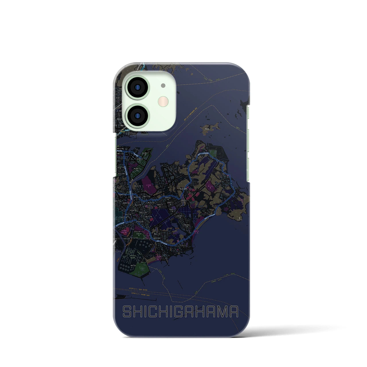 【七ヶ浜】地図柄iPhoneケース（バックカバータイプ・ブラック）iPhone 12 mini 用