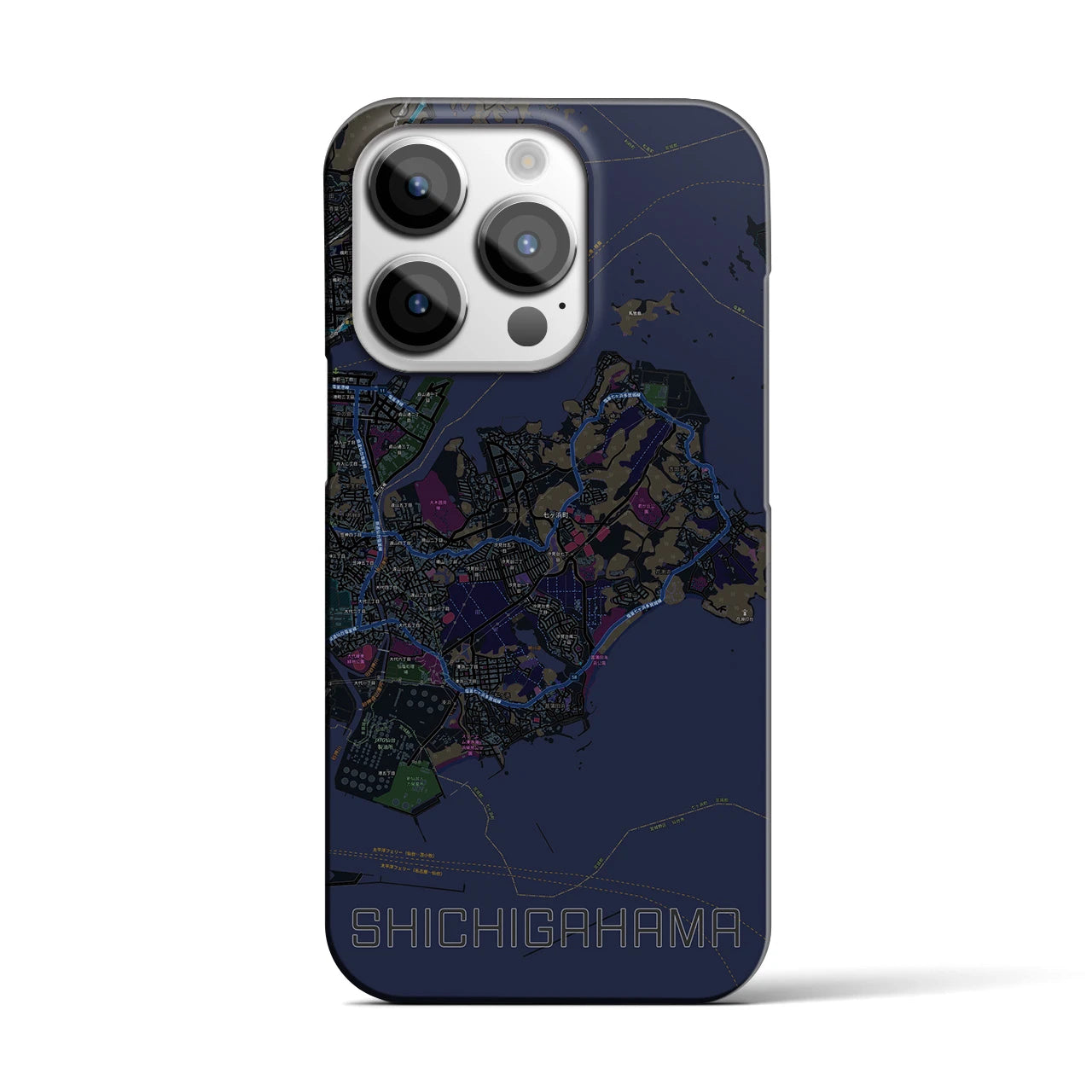 【七ヶ浜】地図柄iPhoneケース（バックカバータイプ・ブラック）iPhone 14 Pro 用