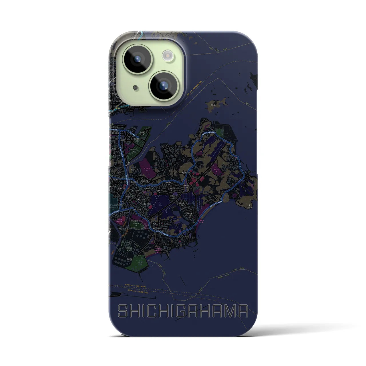 【七ヶ浜】地図柄iPhoneケース（バックカバータイプ・ブラック）iPhone 15 用