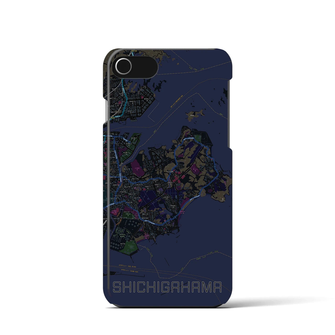 【七ヶ浜】地図柄iPhoneケース（バックカバータイプ・ブラック）iPhone SE（第3 / 第2世代） / 8 / 7 / 6s / 6 用
