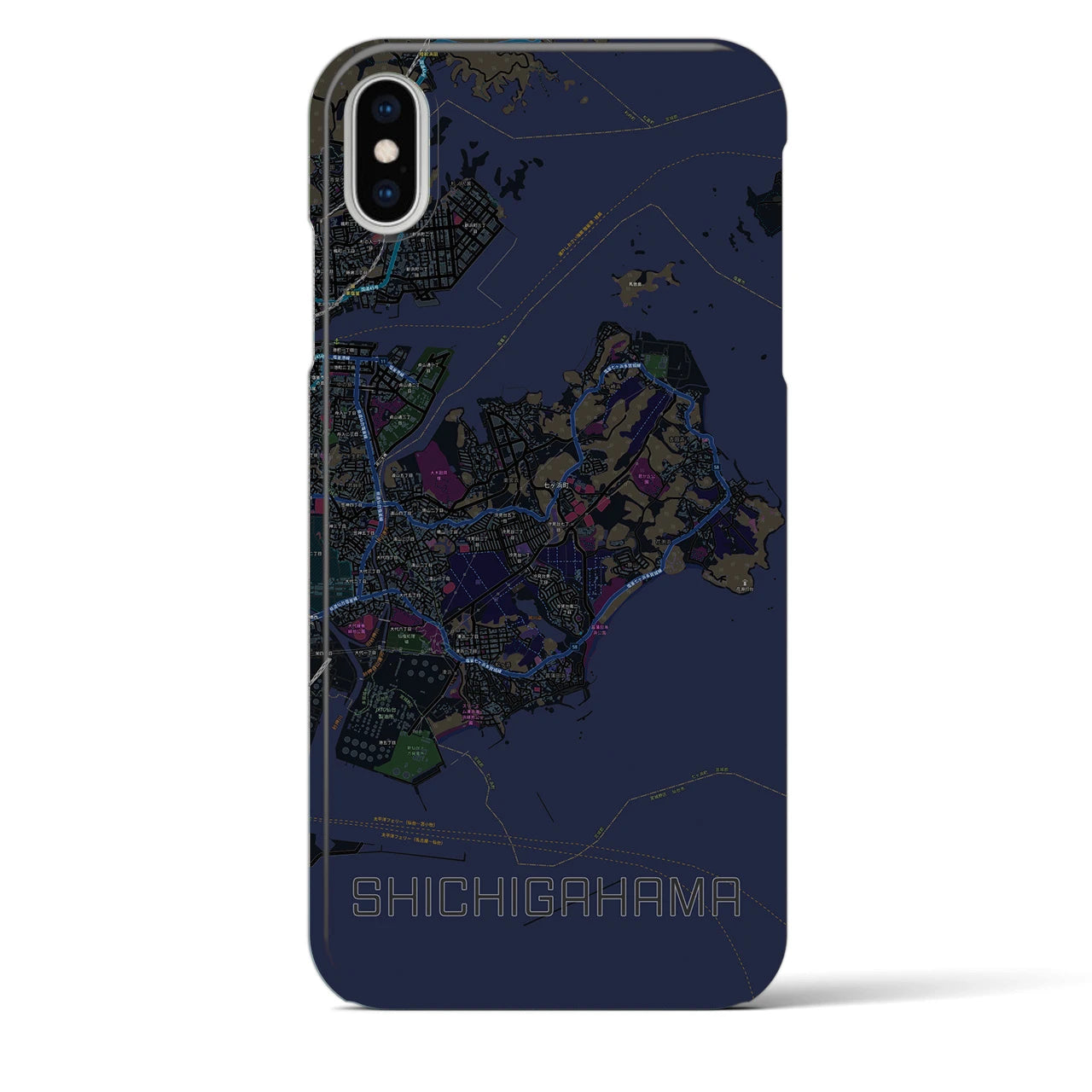 【七ヶ浜】地図柄iPhoneケース（バックカバータイプ・ブラック）iPhone XS Max 用