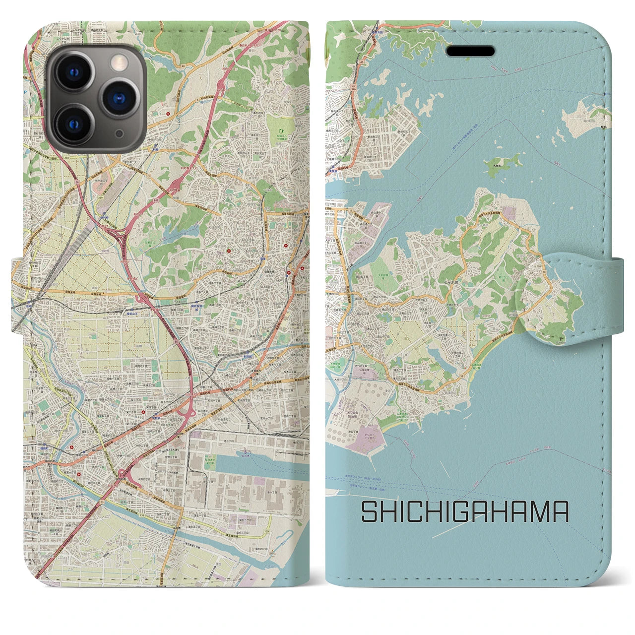 【七ヶ浜】地図柄iPhoneケース（手帳両面タイプ・ナチュラル）iPhone 11 Pro Max 用