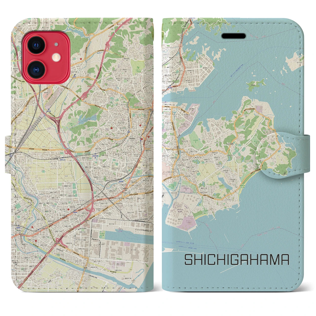 【七ヶ浜】地図柄iPhoneケース（手帳両面タイプ・ナチュラル）iPhone 11 用