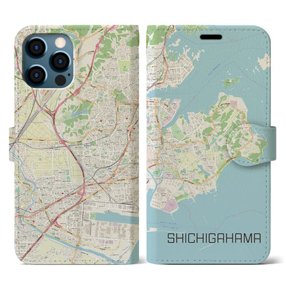 【七ヶ浜（宮城県）】地図柄iPhoneケース（手帳タイプ）ナチュラル・iPhone 12 / 12 Pro 用