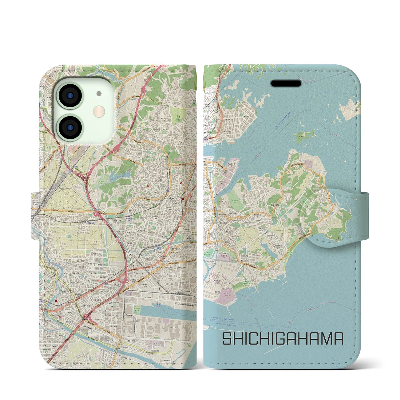 【七ヶ浜】地図柄iPhoneケース（手帳両面タイプ・ナチュラル）iPhone 12 mini 用