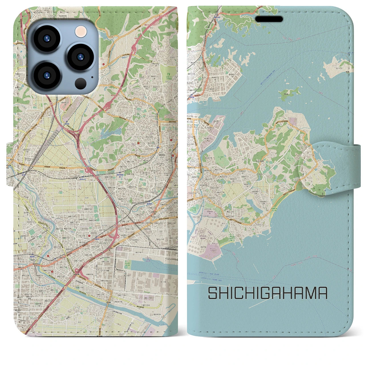 【七ヶ浜】地図柄iPhoneケース（手帳両面タイプ・ナチュラル）iPhone 13 Pro Max 用