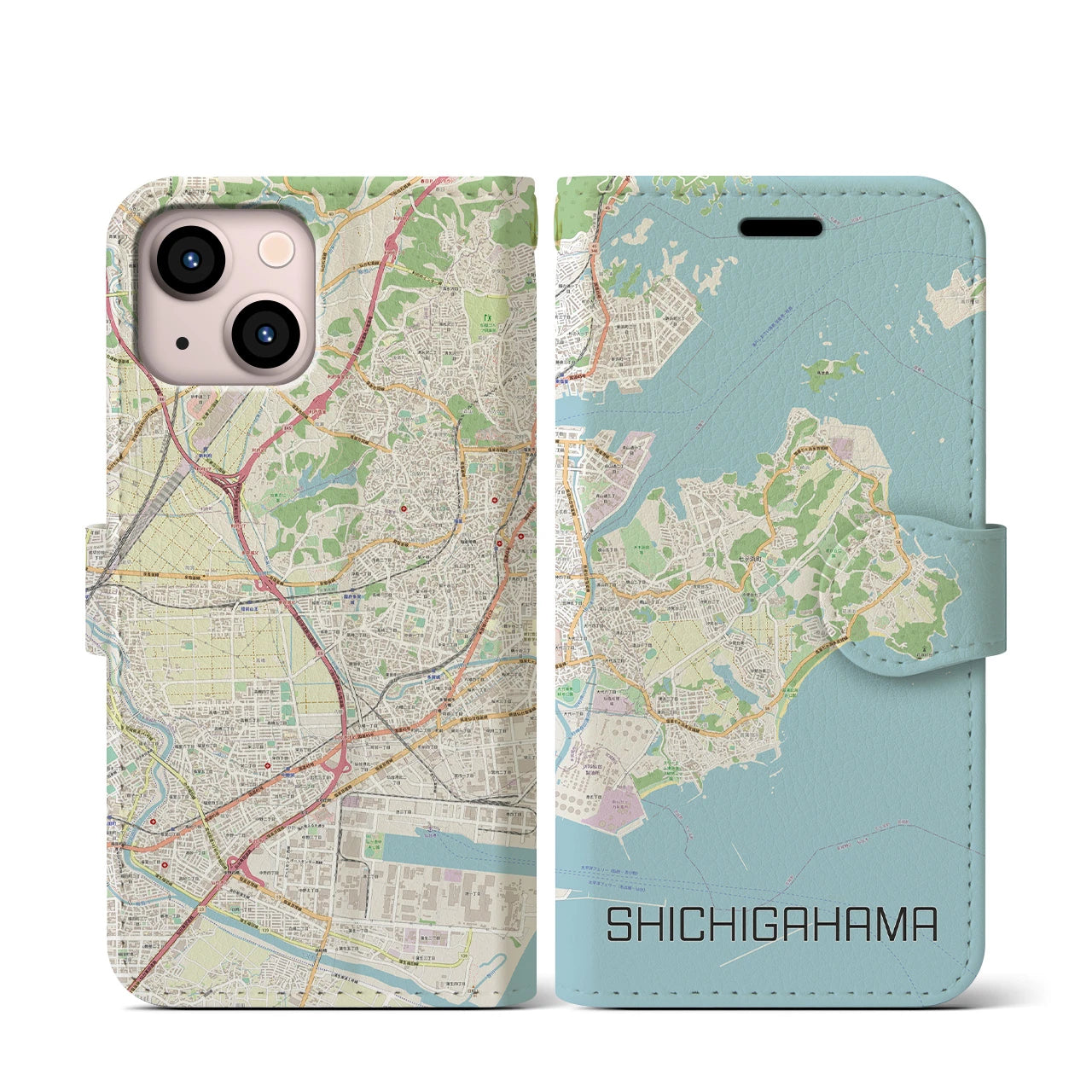 【七ヶ浜】地図柄iPhoneケース（手帳両面タイプ・ナチュラル）iPhone 13 mini 用