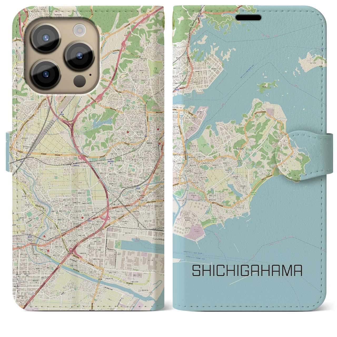 【七ヶ浜】地図柄iPhoneケース（手帳両面タイプ・ナチュラル）iPhone 14 Pro Max 用