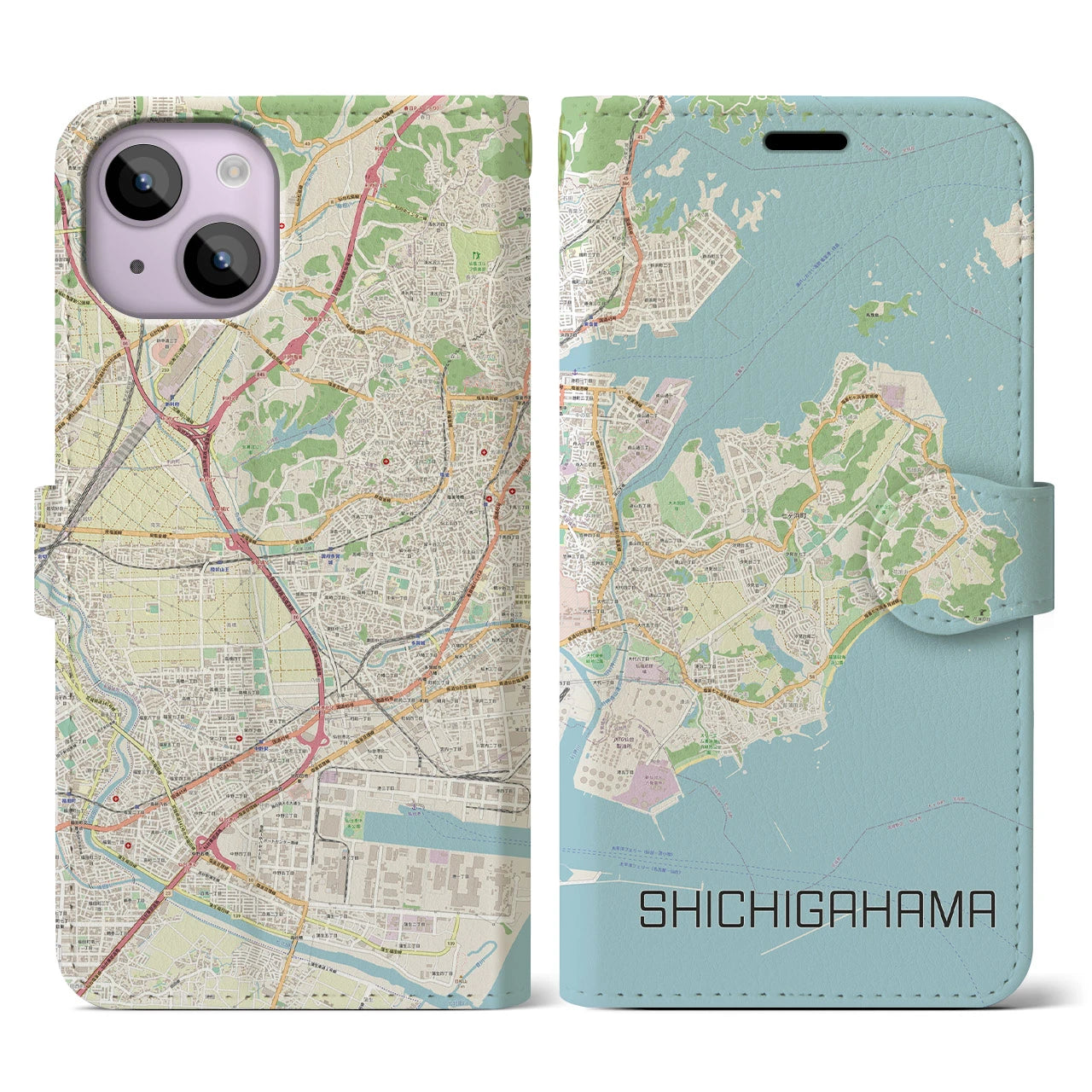 【七ヶ浜】地図柄iPhoneケース（手帳両面タイプ・ナチュラル）iPhone 14 用