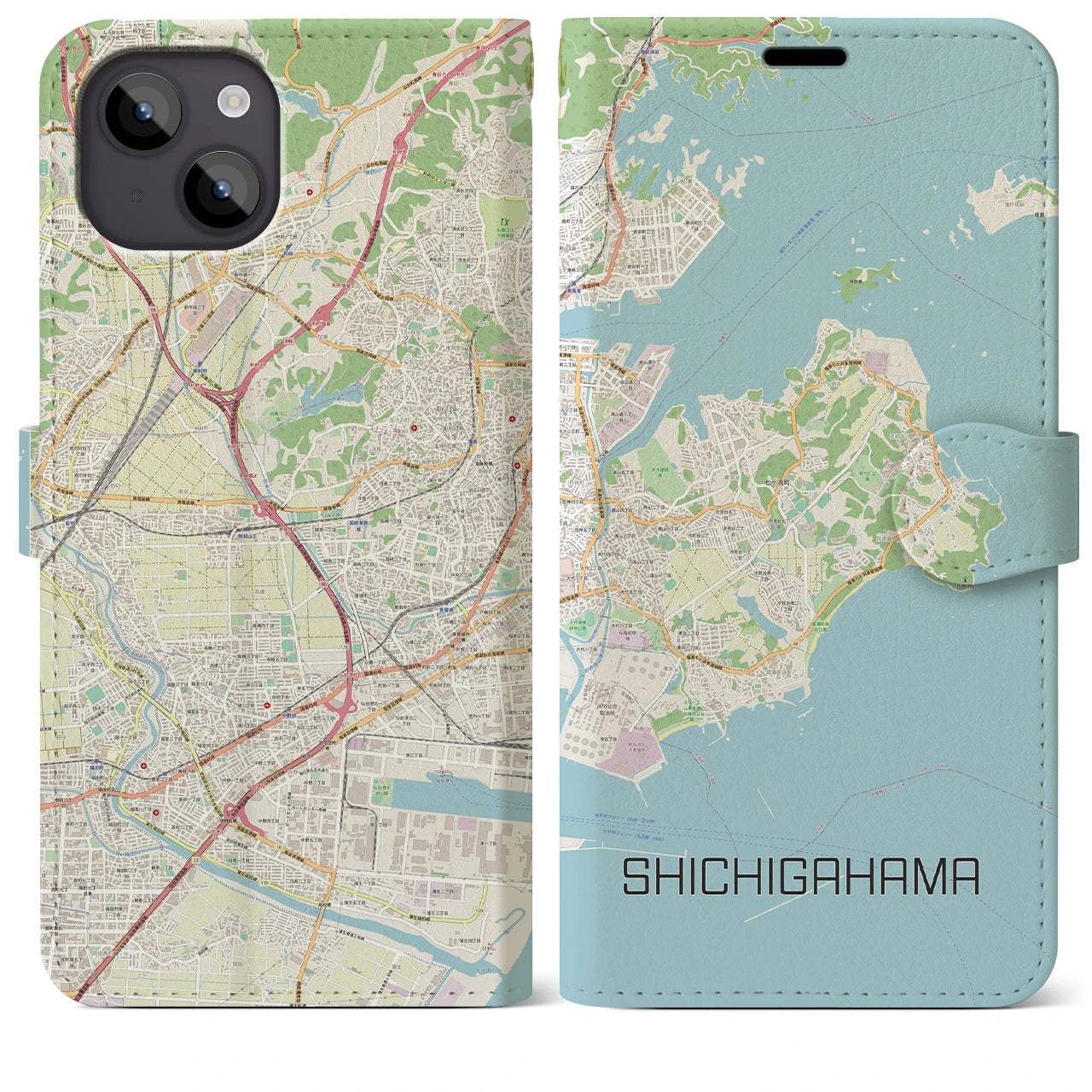 【七ヶ浜】地図柄iPhoneケース（手帳両面タイプ・ナチュラル）iPhone 14 Plus 用