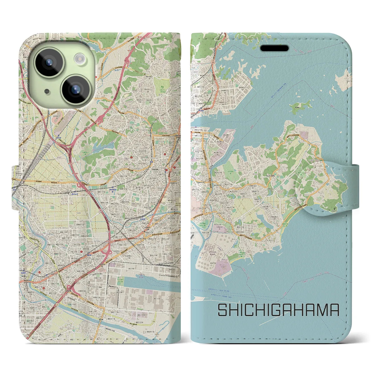 【七ヶ浜】地図柄iPhoneケース（手帳両面タイプ・ナチュラル）iPhone 15 用