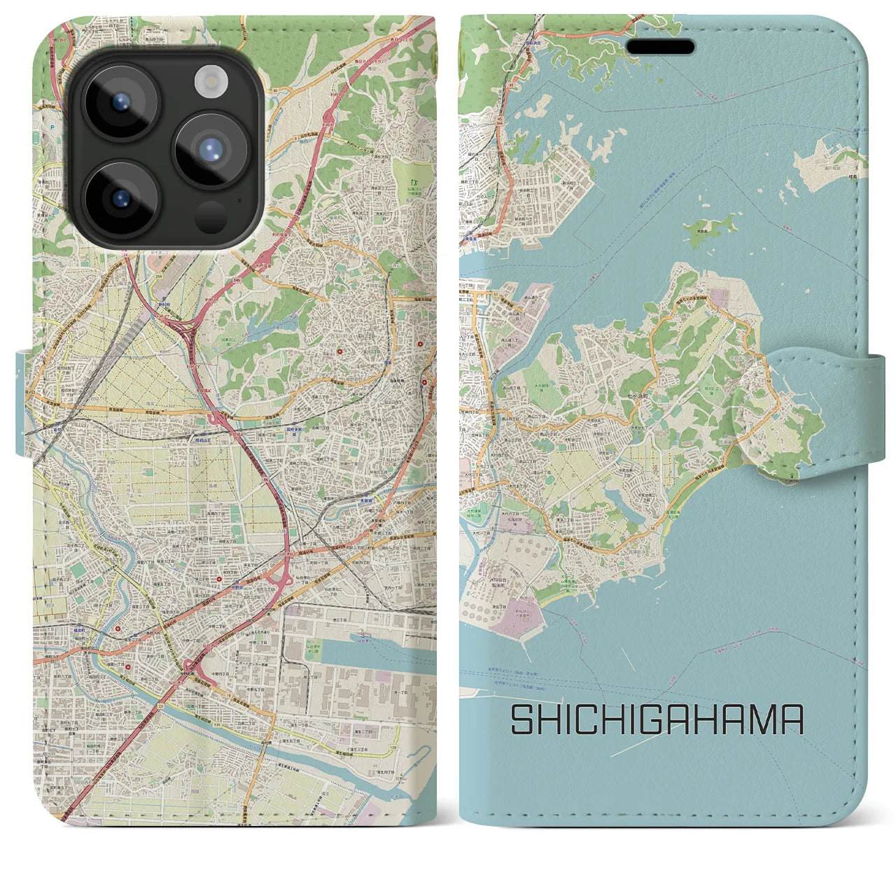 【七ヶ浜】地図柄iPhoneケース（手帳両面タイプ・ナチュラル）iPhone 15 Pro Max 用