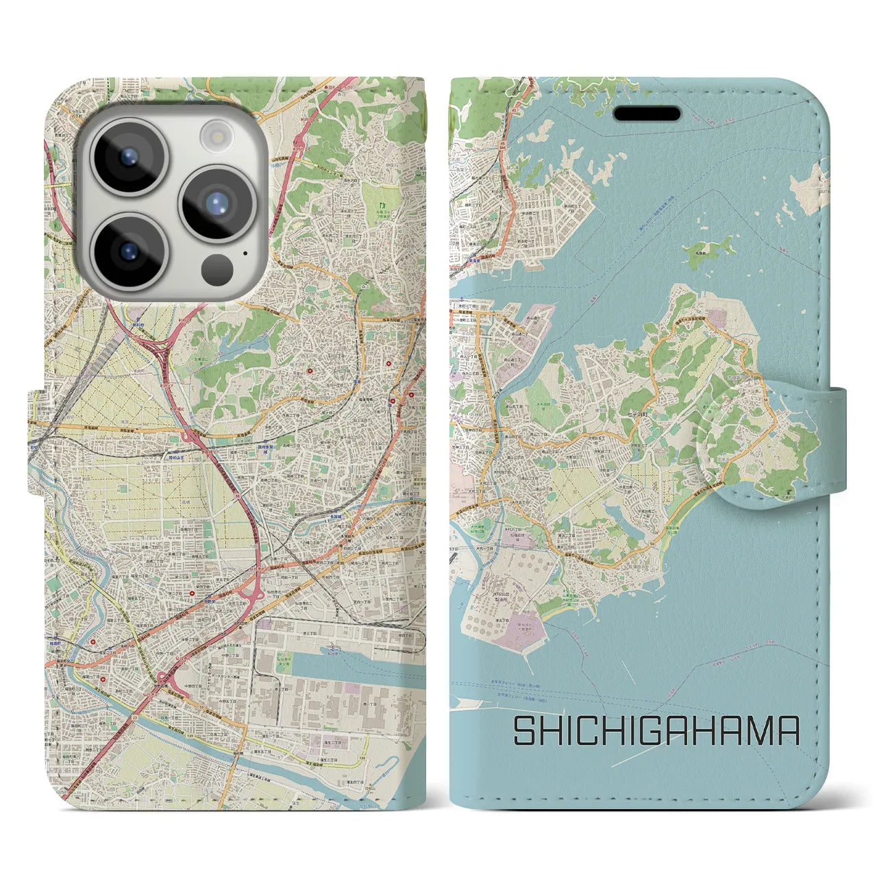【七ヶ浜】地図柄iPhoneケース（手帳両面タイプ・ナチュラル）iPhone 15 Pro 用