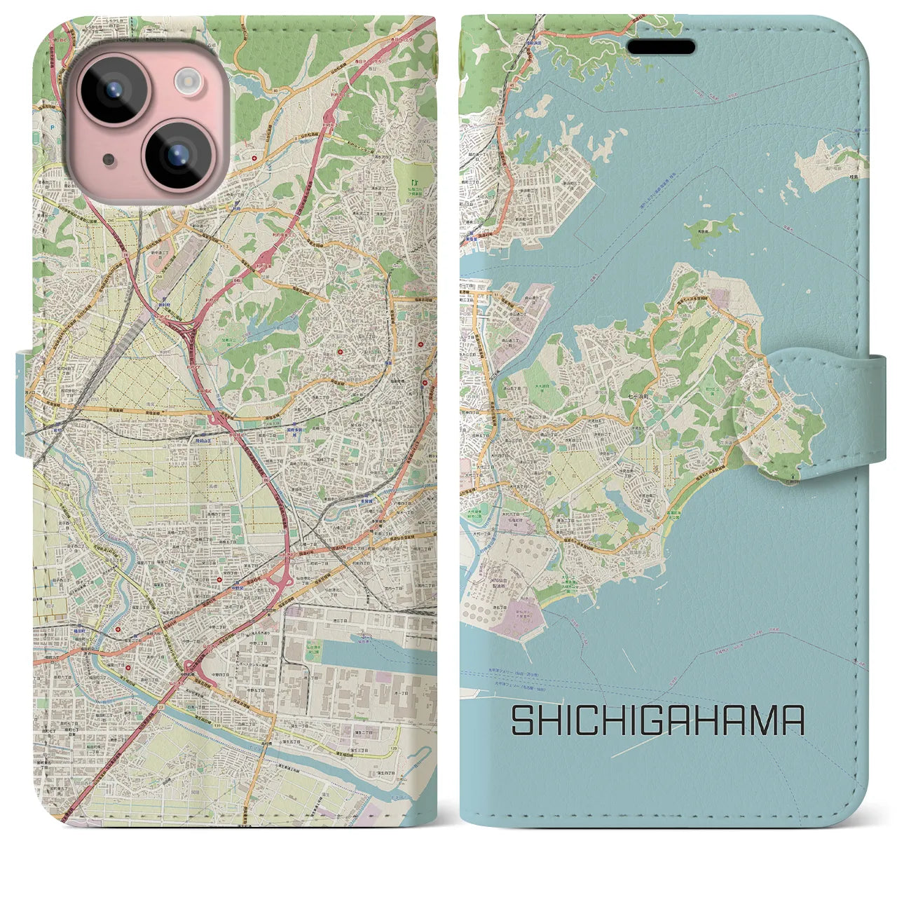【七ヶ浜】地図柄iPhoneケース（手帳両面タイプ・ナチュラル）iPhone 15 Plus 用
