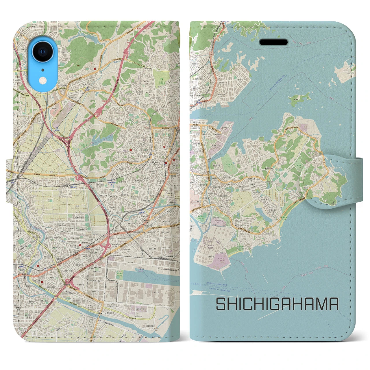 【七ヶ浜】地図柄iPhoneケース（手帳両面タイプ・ナチュラル）iPhone XR 用