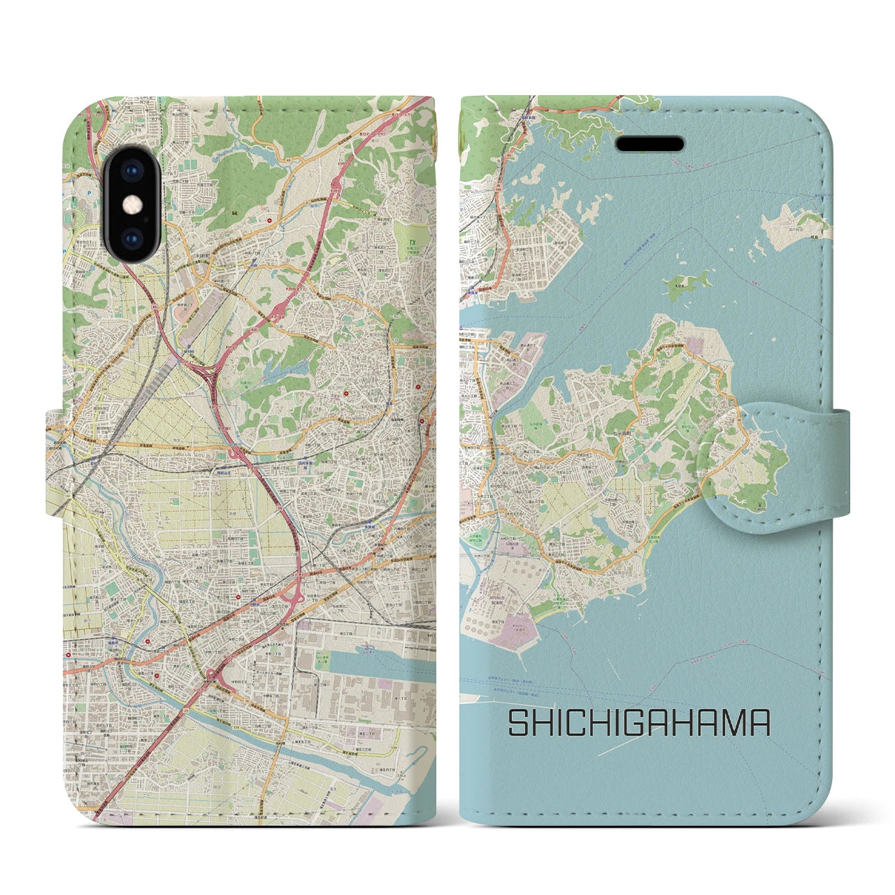 【七ヶ浜】地図柄iPhoneケース（手帳両面タイプ・ナチュラル）iPhone XS / X 用